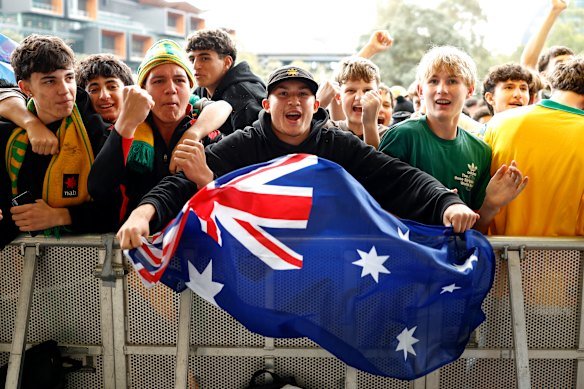 Fans watch the FIFA World Cup match between the Socceroos and Paraguay on the big screen at Tumbalong Park.