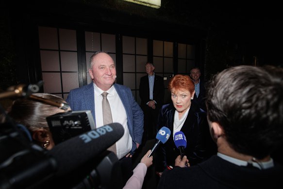 Hanson and Barnaby Joyce outside the replacement venue on Friday night.