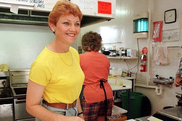 Pauline Hanson working in her seafood shop in 1996.