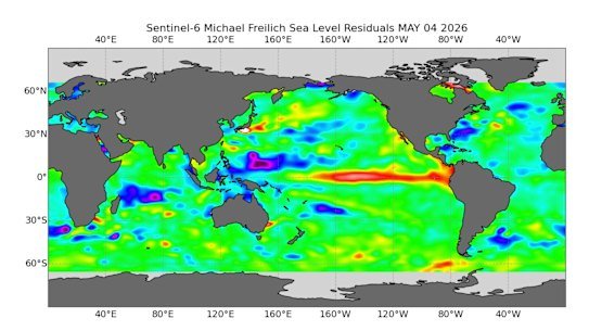 An image from the Sentinel-6 Michael Freilich satellite taken on April 5 showing the emergence of  Kelvin waves in the Pacific Ocean - a sign of El Nino.