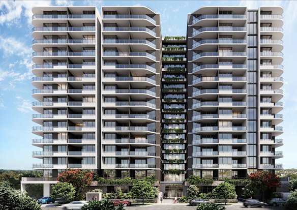 An artist impression of the proposed tower at 10-18 Kelso Street in Chermside. 

