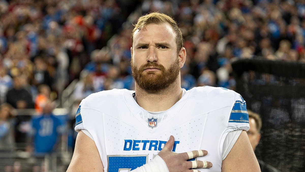 Frank Ragnow of the Detroit Lions looking on during an NFL game at Levi's Stadium.