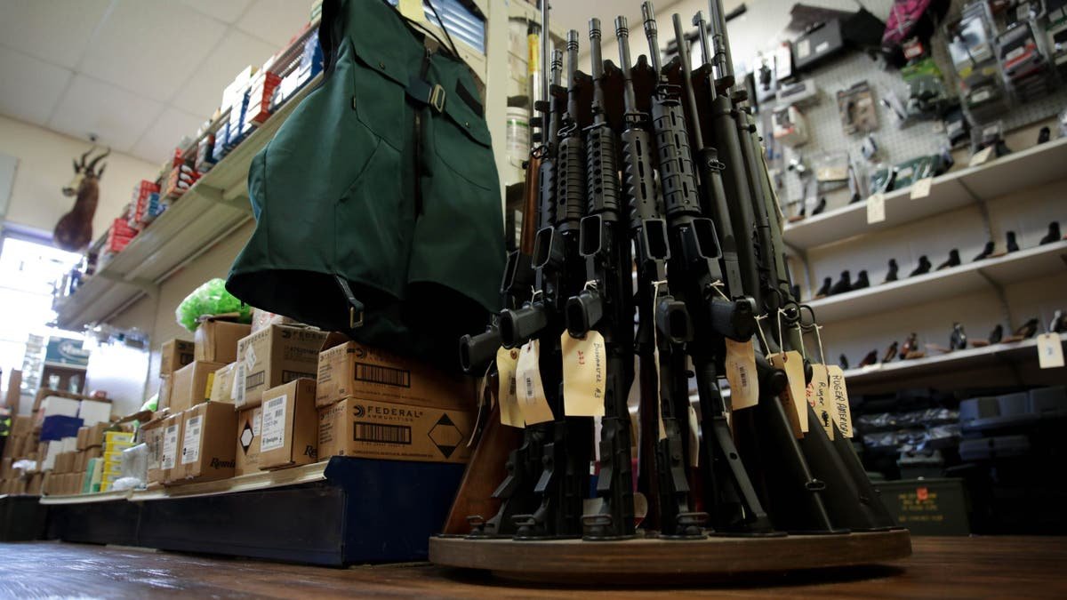 Weapons displayed inside a gun shop in Manassas, Virginia