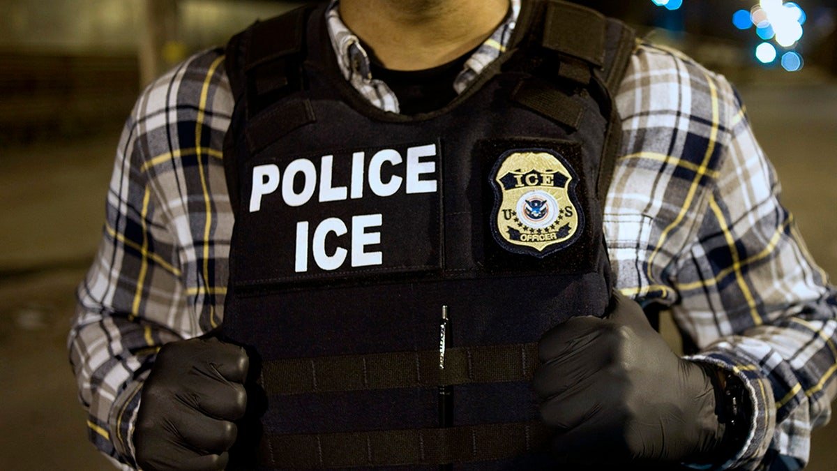 U.S. Immigration and Customs Enforcement agent standing at the U.S.-Mexico border in San Diego, California