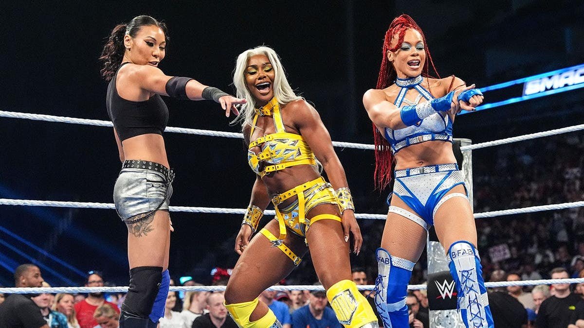 Jade Cargill, Michin, and B-Fab celebrating during SmackDown at The O2 Arena in London