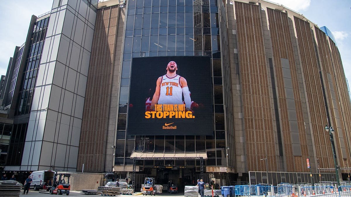 New York Knicks guard Jalen Brunson featured on a Nike Basketball digital billboard outside Madison Square Garden