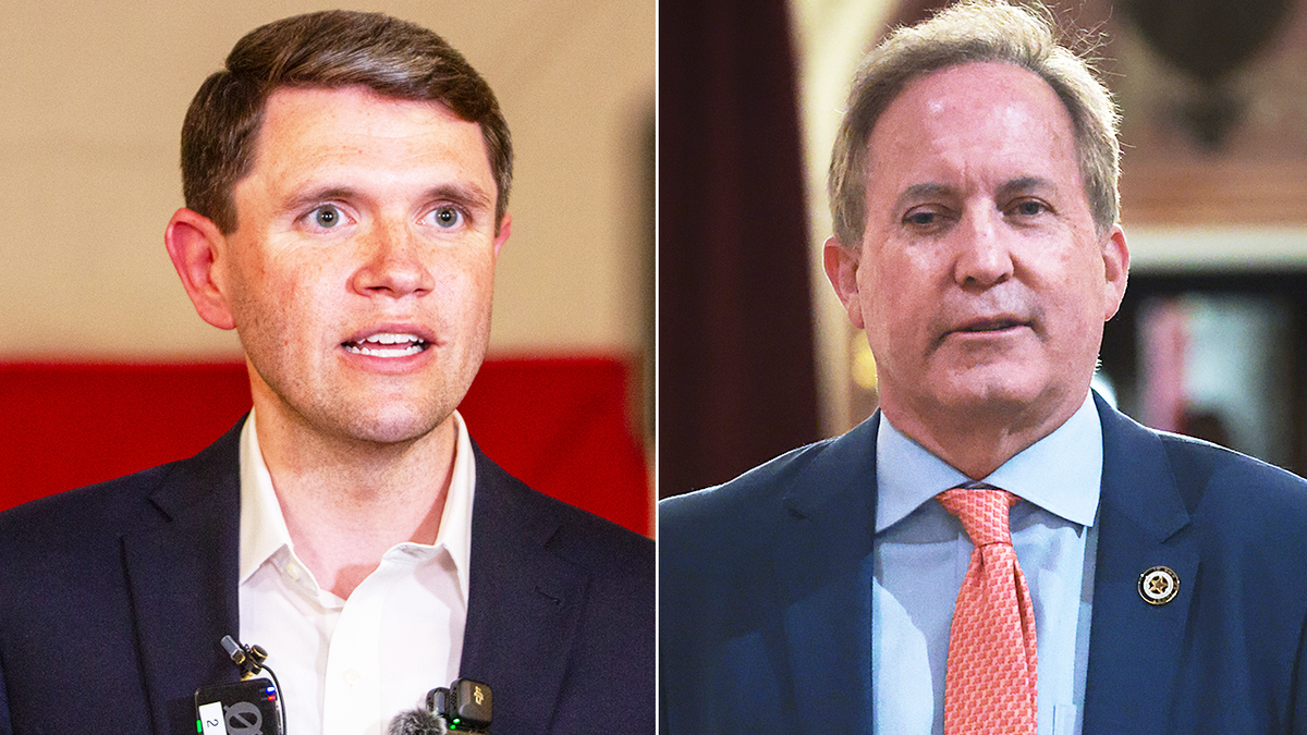 Texas State Rep. James Talarico and Attorney General Ken Paxton side by side portrait photos