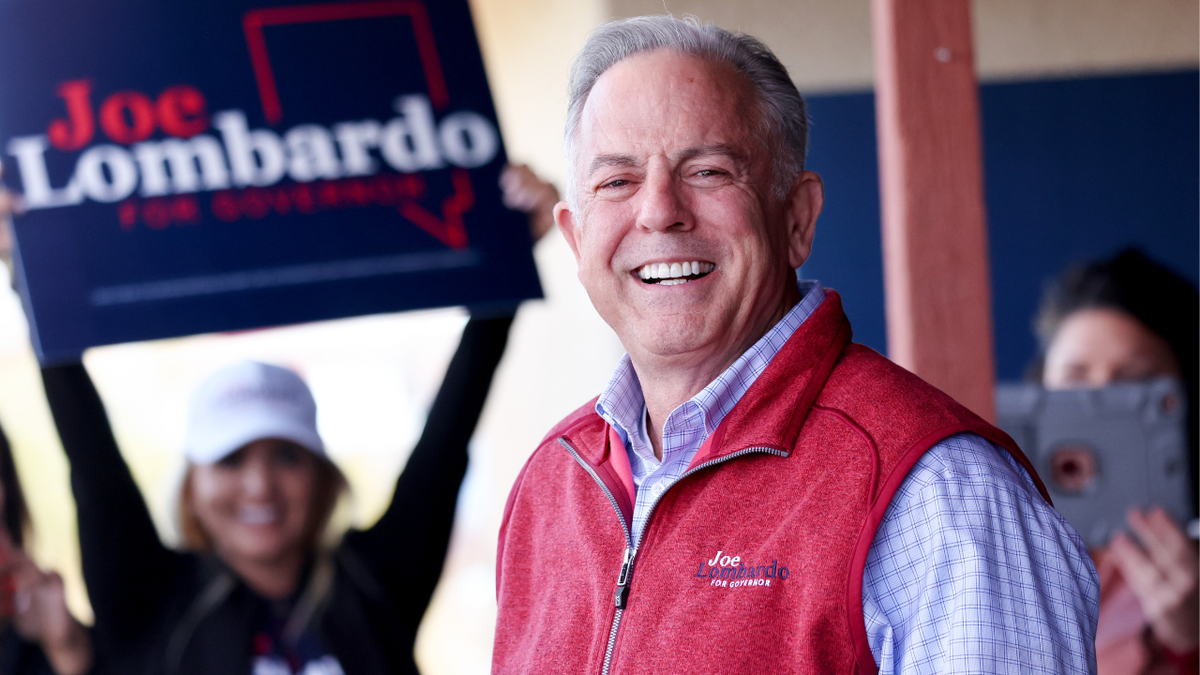 Nevada Republican Gov. Joe Lombardo smiles before speaking to supporters at Artesian Cellars Winery and Restaurant in Pahrump, Nevada.