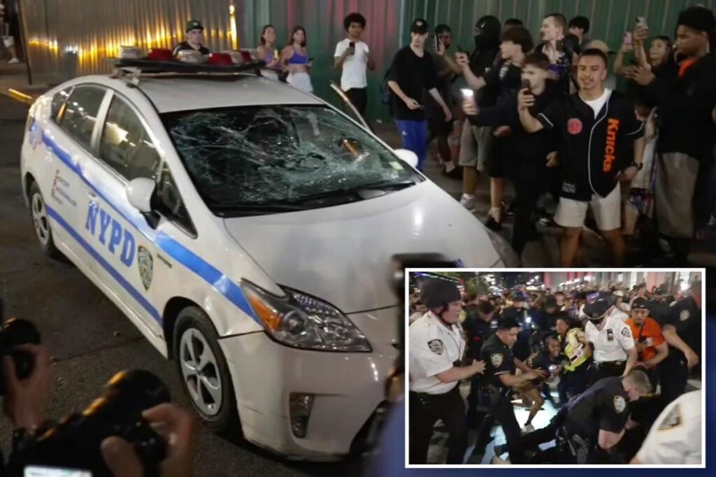 Crazed Knicks fans smash cop car as NBA Finals ecstasy immediately turns violent Crazed Knicks fans smash cop car as NBA Finals ecstasy immediately turns violent