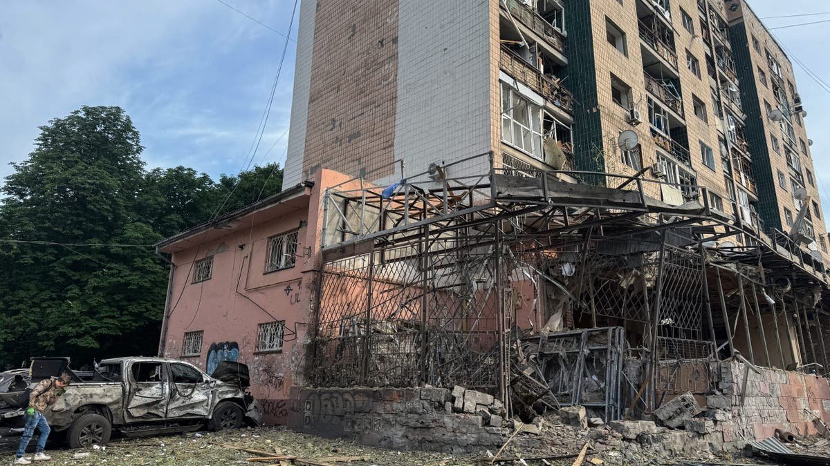 A damaged residential apartment building in Kramatorsk, Ukraine
