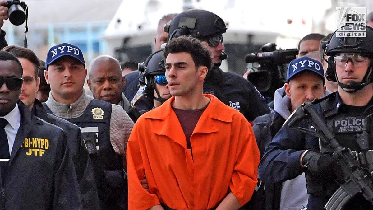 Luigi Mangione escorted by NYPD officers into a van at Wall Street Heliport in New York City
