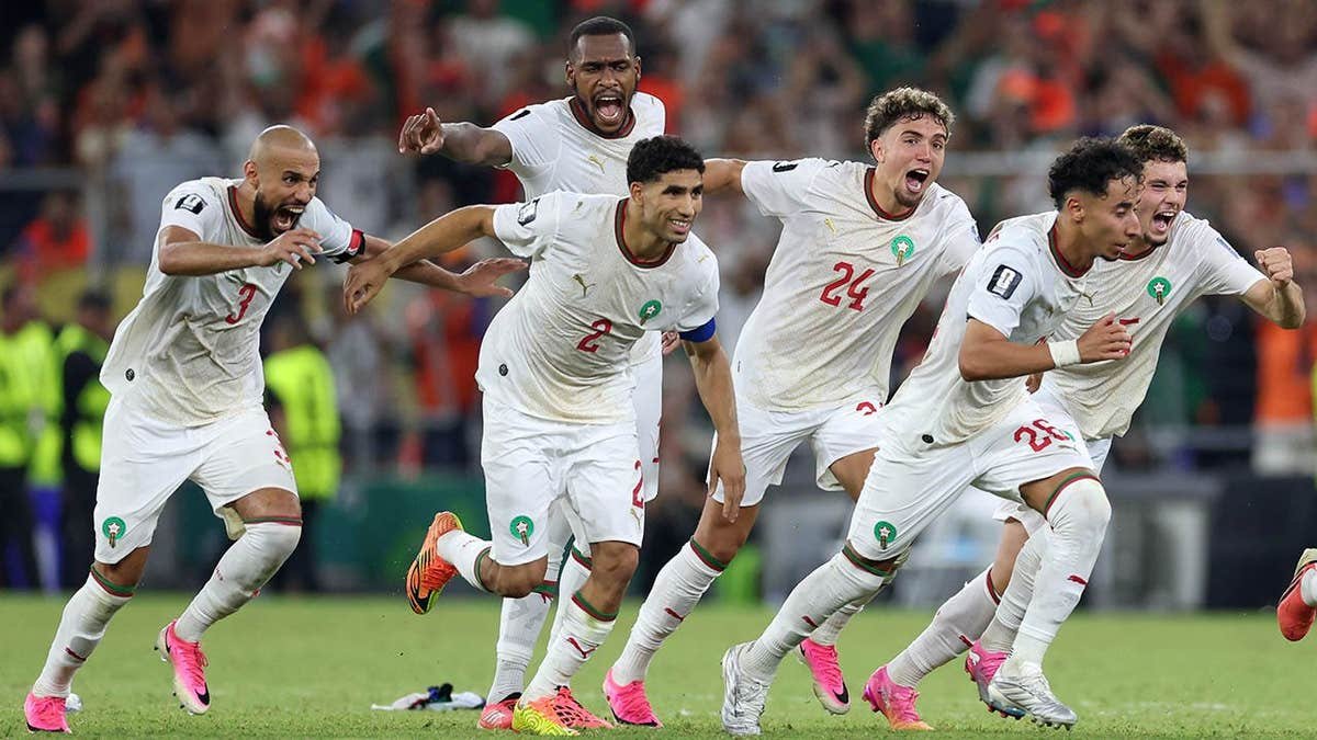 Moroccan soccer team celebrating after winning on penalty kicks in Guadalupe near Monterrey Mexico