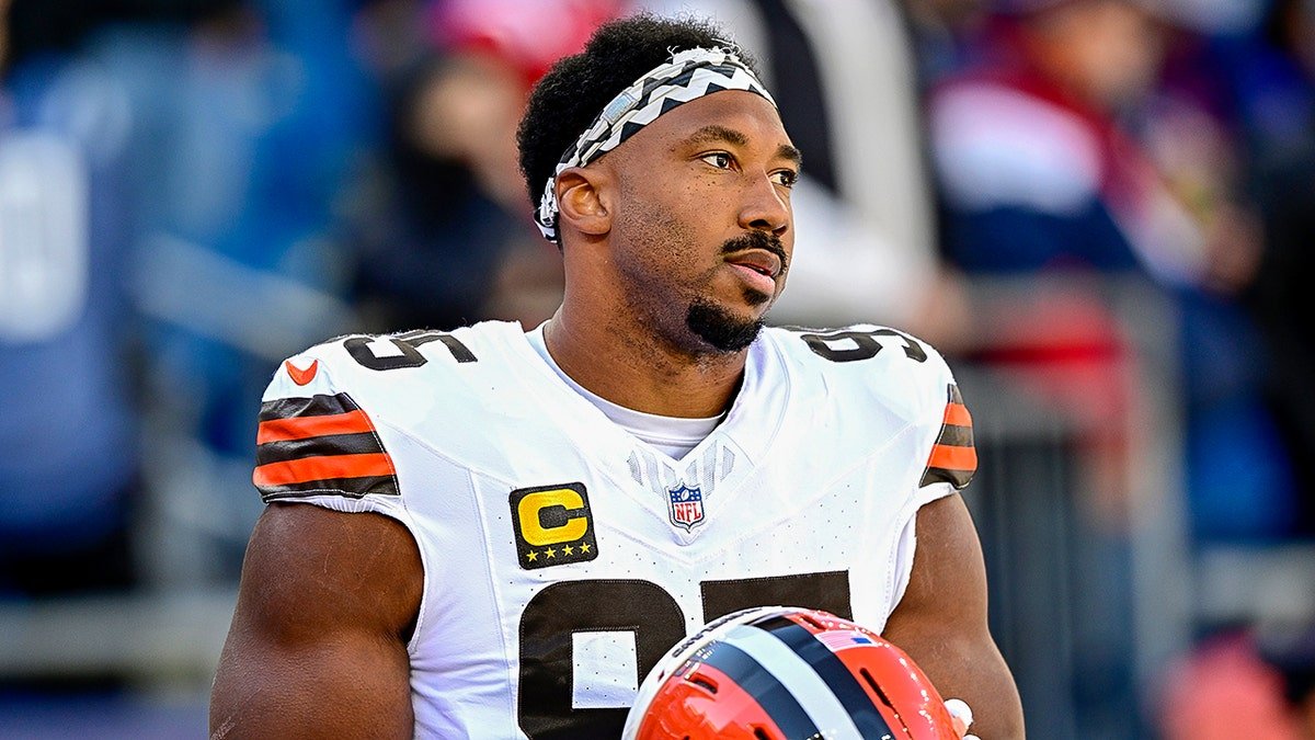 Myles Garrett of the Cleveland Browns looking on during warmups at Gillette Stadium