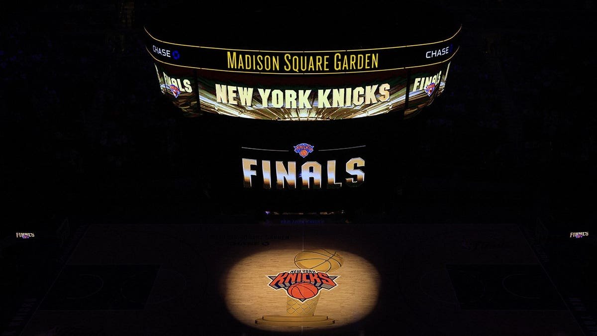 The court at Madison Square Garden before Game 1 of the NBA Finals with fans arriving.