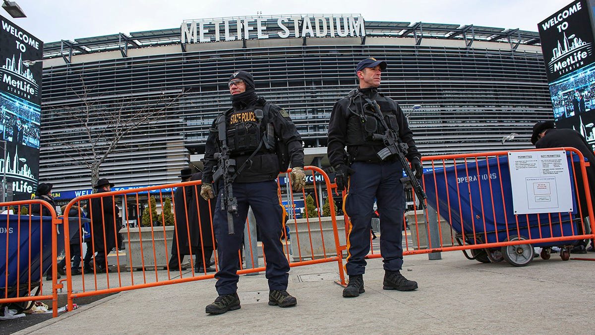 New Jersey police stand outside of stadium