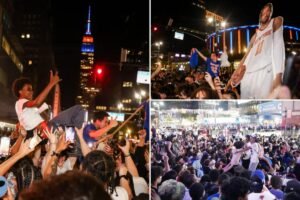 Knicks fans go bonkers in NYC after Game 2 Finals win, celebrate in streets outside MSG: ‘Go New York!’
