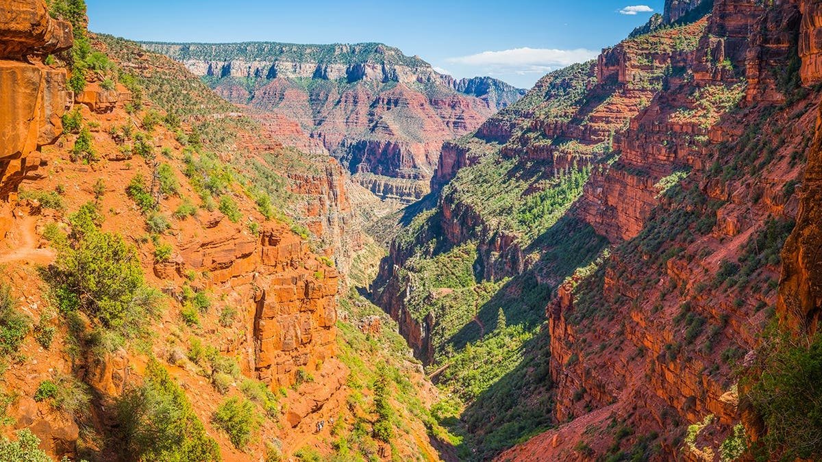 Panoramic view of North Kaibab Trail below Supai Tunnel in Grand Canyon National Park