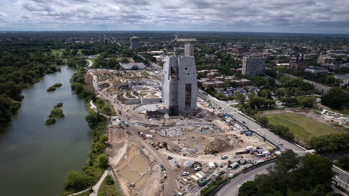 Aerial view of Obama Presidential Center construction site in Jackson Park Chicago