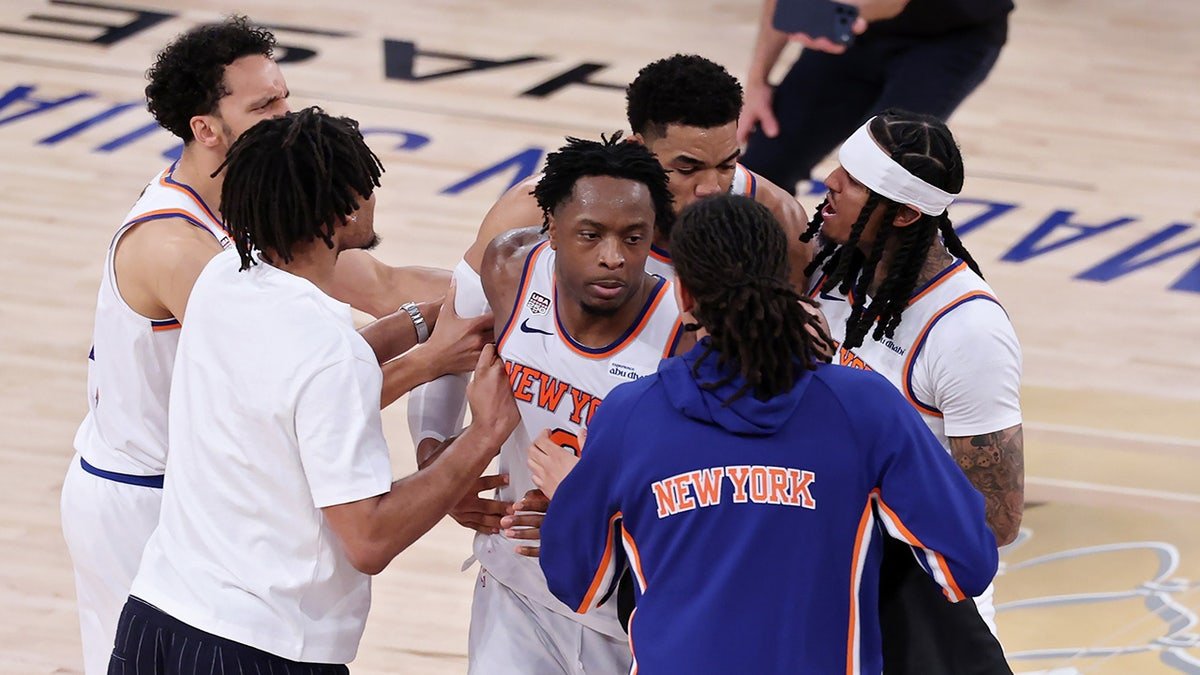 OG Anunoby of the New York Knicks celebrates after scoring against the San Antonio Spurs at Madison Square Garden