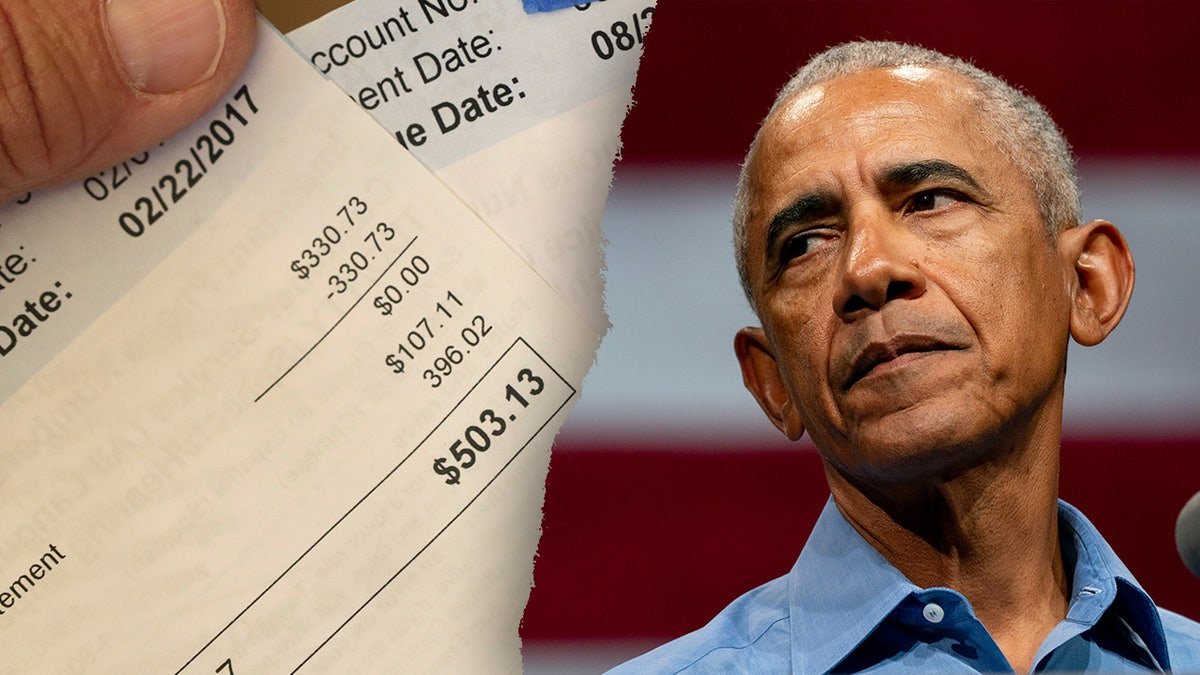 Former President Barack Obama standing next to a healthcare bills display.