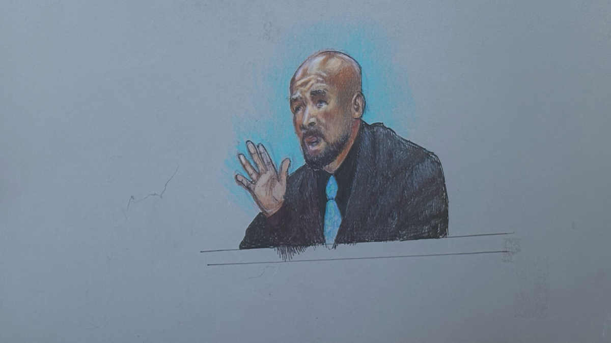 Courtroom sketch shows Memorial High School track coach Robert Starr testifying during Karmelo Anthony's murder trial