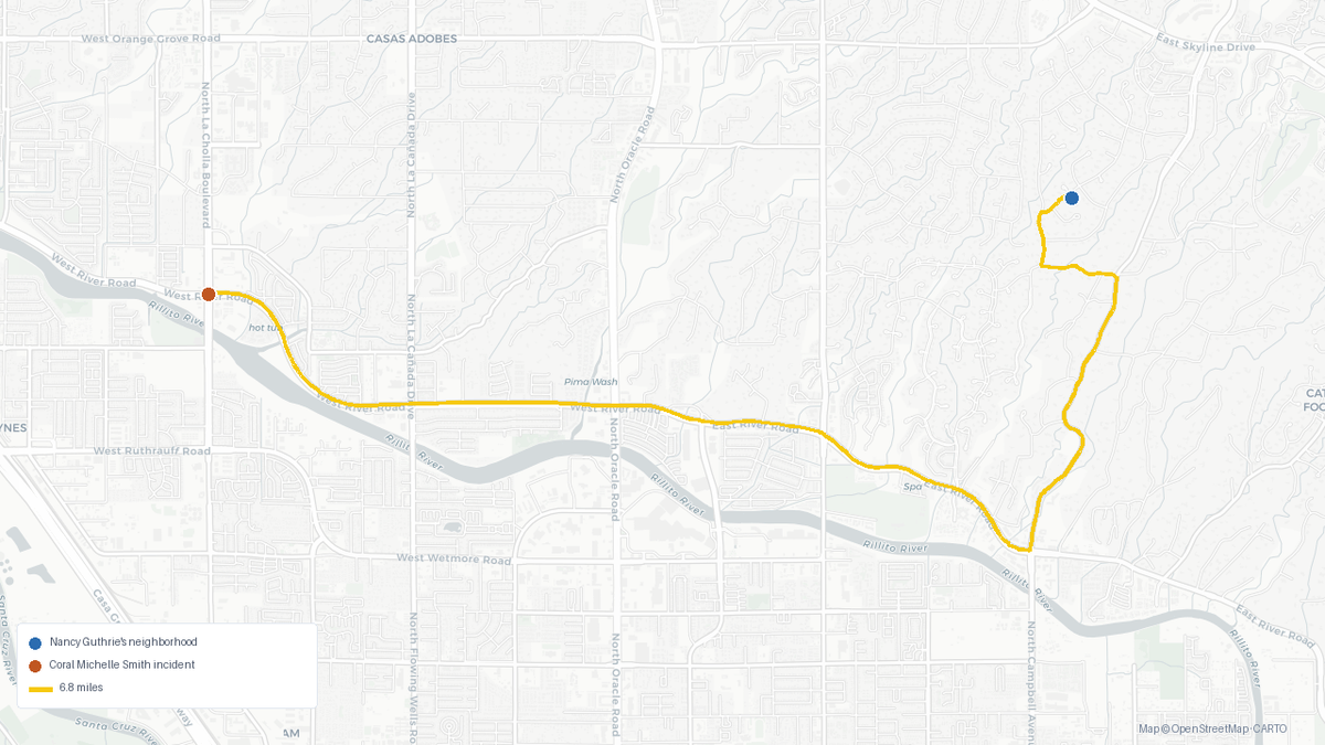 A map showing the location of Nancy Guthrie's neighborhood and an intersection where another kidnapping is alleged to have taken place nearby