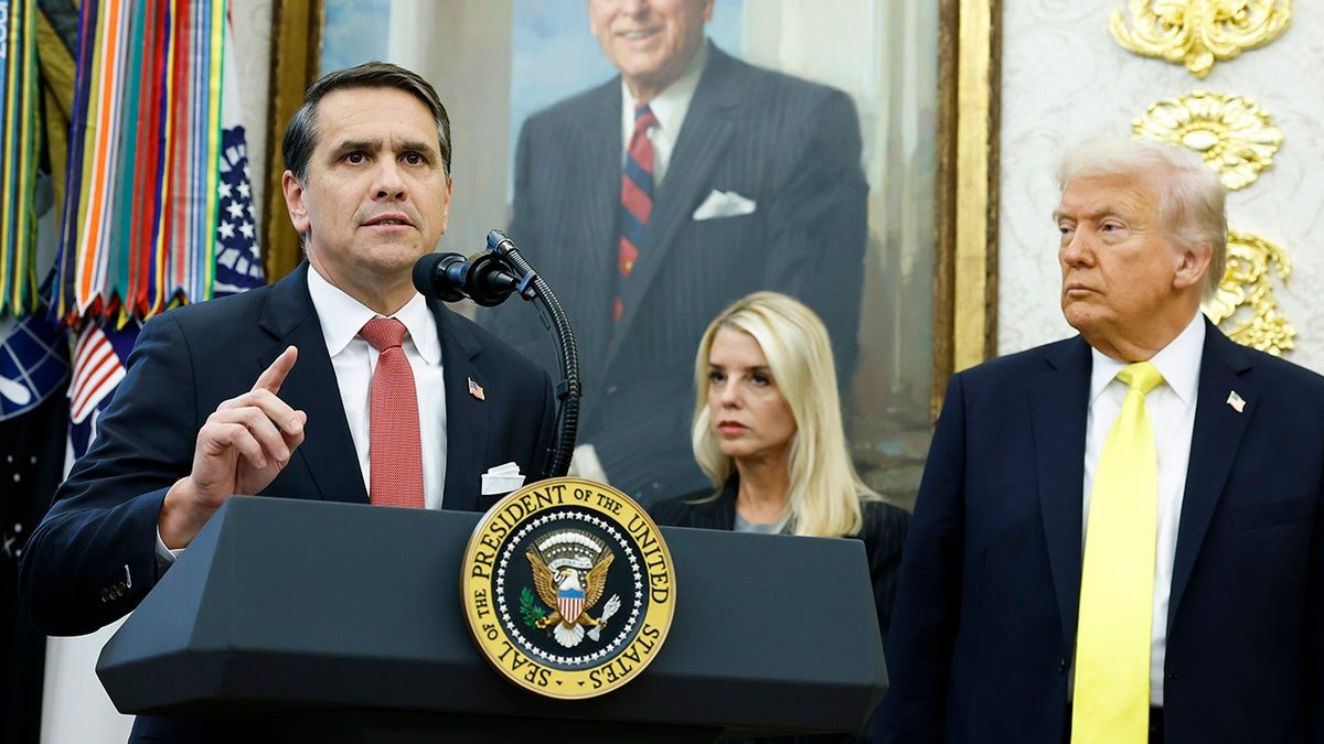 U.S. Deputy Attorney General Todd Blanche speaking in the Oval Office with Attorney General Pam Bondi and President Donald Trump
