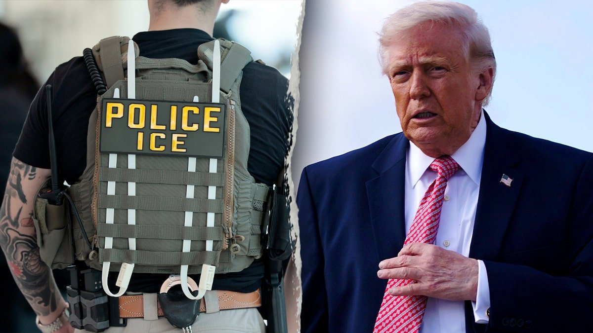 U.S. President Donald Trump walking on an airport tarmac and ICE agents patrolling Terminal C at LaGuardia Airport