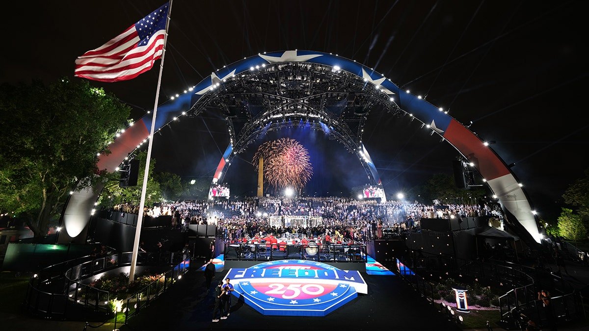 President Donald Trump standing on the South Lawn of the White House during UFC Freedom 250 fights