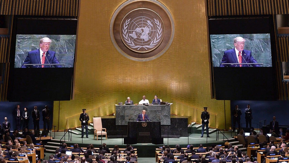 Donald Trump speaking at the United Nations General Assembly podium