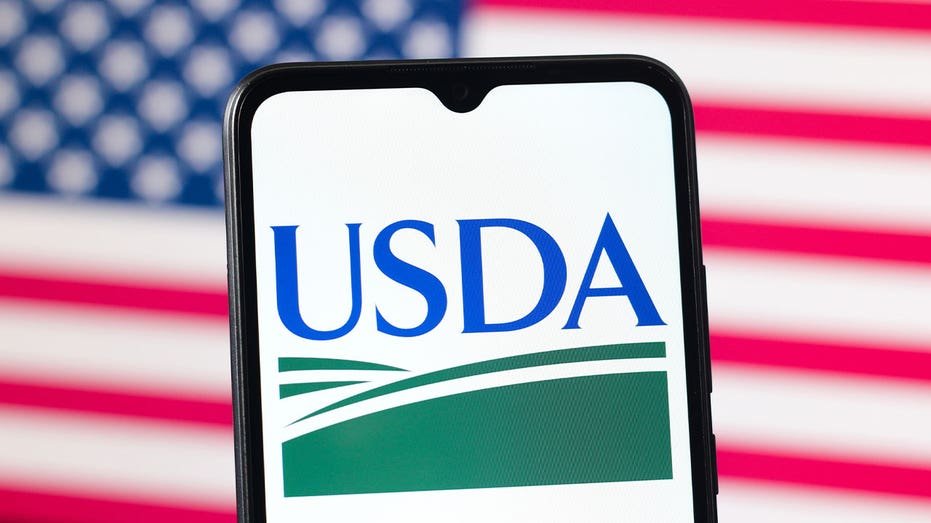 USDA logo displayed on a smartphone screen in a photo illustration.