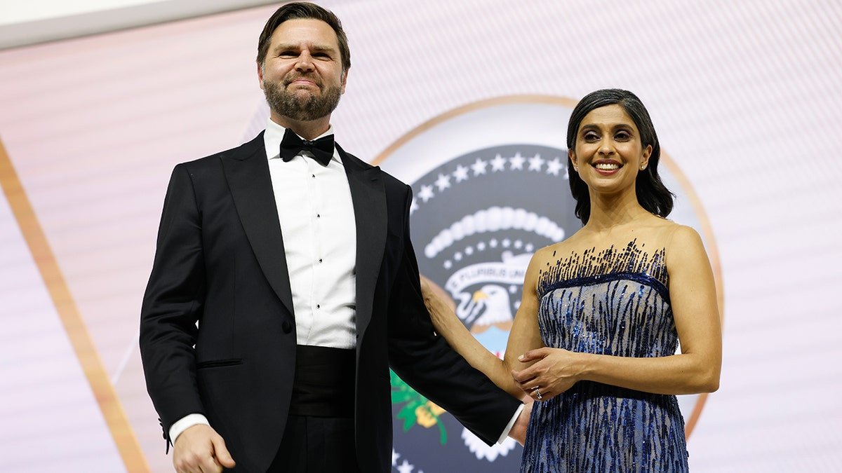 Vice President JD Vance and his wife Usha Vance standing together at the Commander-in-Chief Ball in Washington, D.C.