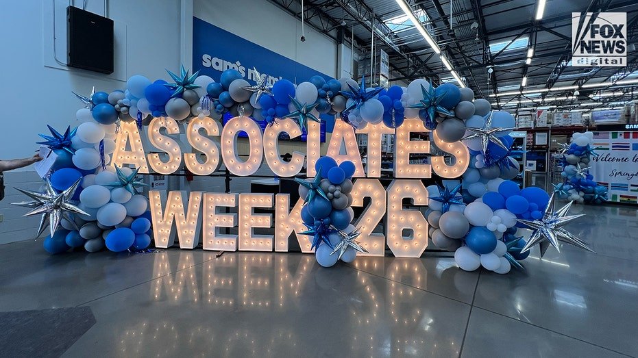 A view of an "Associates Week" sign at a Sam's Club in Fayetteville, Arkansas, on Wednesday, June 3, 2024.
