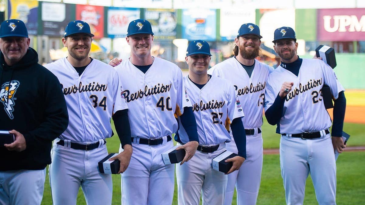Members of the York Revolution baseball team receiving championship rings at WellSpan Park