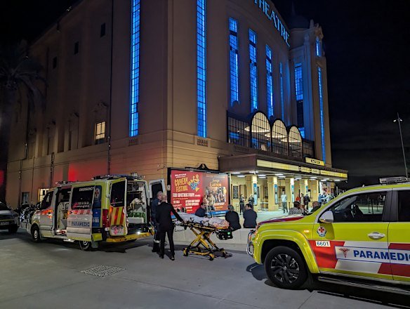Paramedics at the Palais Theatre, where a man attending the Melbourne International Comedy Festival gala died on March 26, 2025.