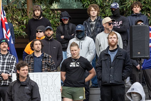 Prominent neo-Nazi Nathan Bull (in shorts) and associates outside Marvel Stadium