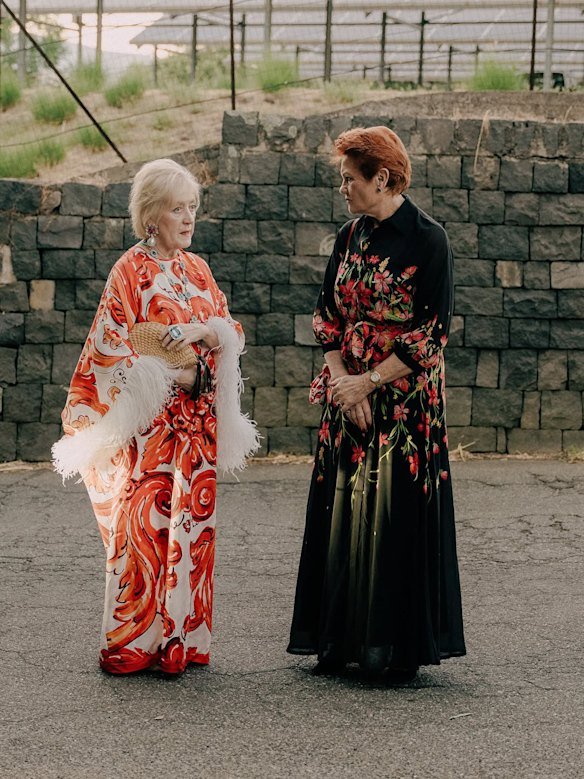 Pauline Hanson, right, at a Dolce and Gabbana fashion show in Italy. She is with jewellery designer Margot McKinney.