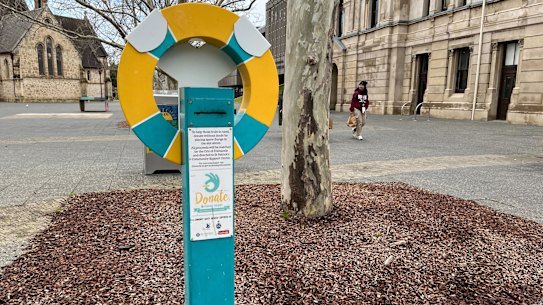 The donation boxes set up to deter beggars in the City of Fremantle.
