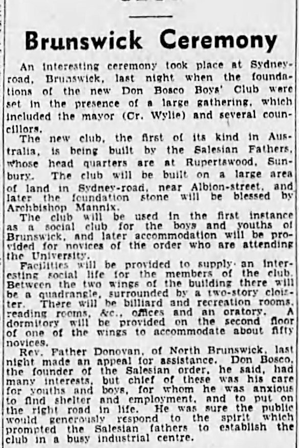 The Age’s coverage in 1940 of the opening of the Don Bosco Hostel. 