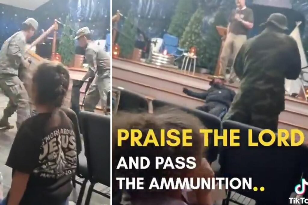 Mock firing squad storms into Kentucky church bible class and ‘kills Devil’ in front of children Mock firing squad storms into Kentucky church bible class and ‘kills Devil’ in front of children