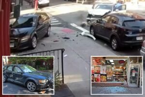 Video captures insane moment Mercedes driver nearly hits cop, sends Audi flying into deli in trendy NYC nabe