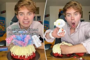 Man makes wild baby gender reveal video after he was accidentally given couple’s surprise dessert Man makes wild baby gender reveal video after he was accidentally given couple’s surprise dessert