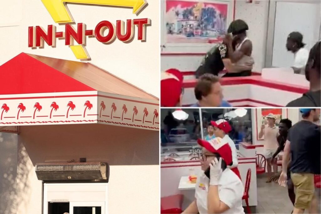 Moment mass brawl breaks out at In-N-Out burger in front of stunned diners Moment mass brawl breaks out at In-N-Out burger in front of stunned diners