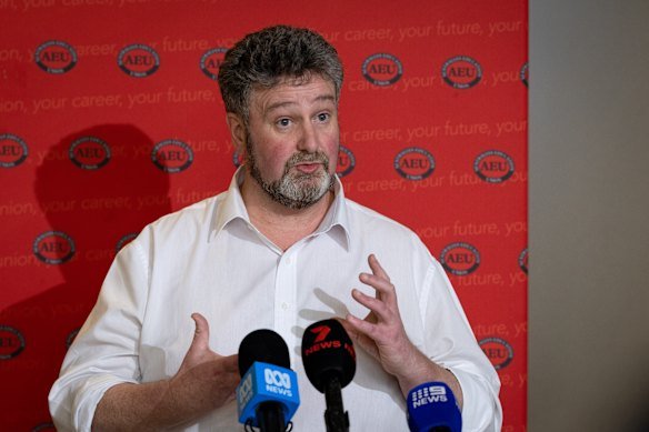 Australian Education Union Victorian president Justin Mullaly speaks to the media on Tuesday.