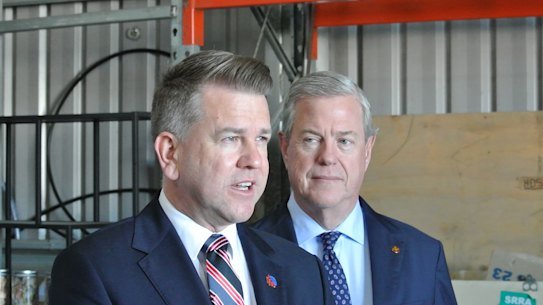 Deputy Premier Jarrod Bleijie and Health Minister Tim Nicholls speaking on Thursday.