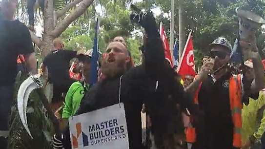 A man dressed as the Grim Reaper at a CFMEU rally in Brisbane in 2022.