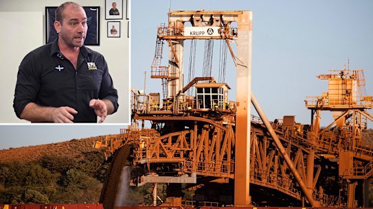 ETU WA secretary Adam Woodage (inset) and BHP facility at Port Hedland.