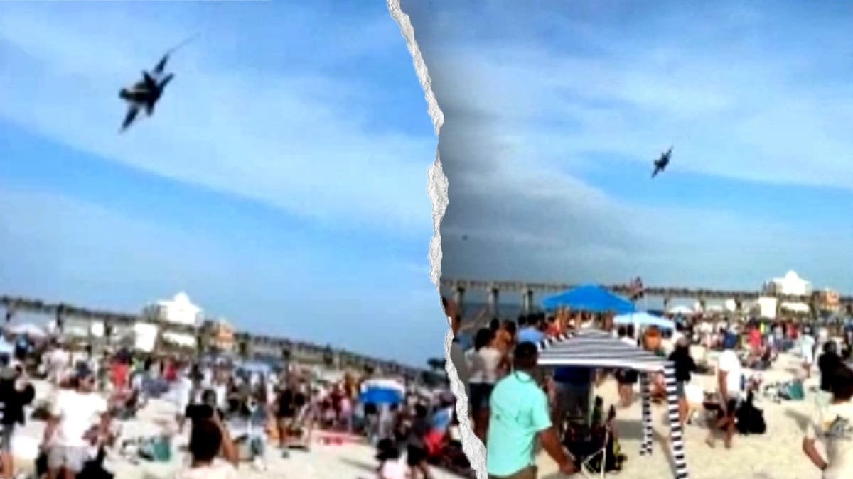 Blue Angels jet flies low over Pensacola Beach.