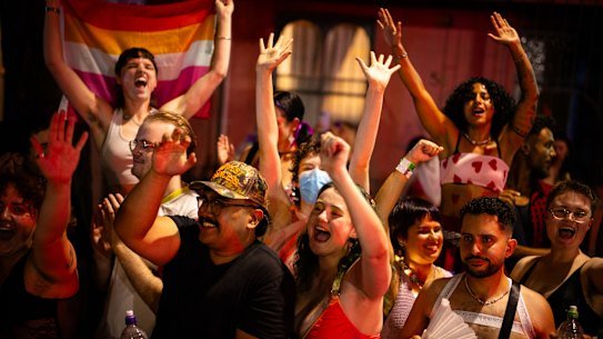 Spectators cheering at Sydney’s 2026 Mardi Gras parade in February.