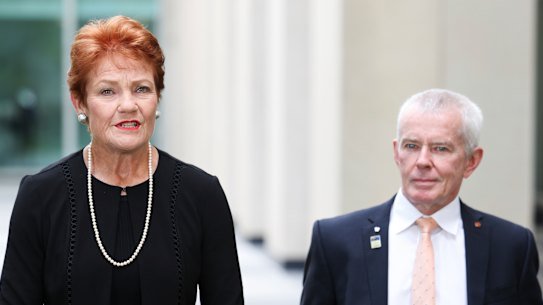 One Nation leader Pauline Hanson and Senator Malcolm Roberts.